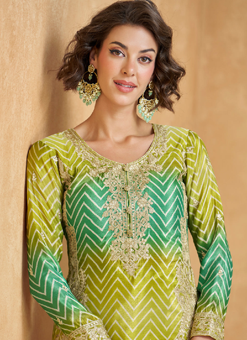 Amazing Mehendi ceremony Chinon silk Designer Palazzo suit with sequin embroidery